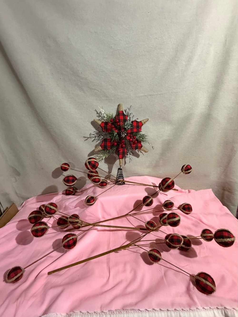 Red and Black Buffalo Check Holiday Tree Topper & Decorative Picks & garland